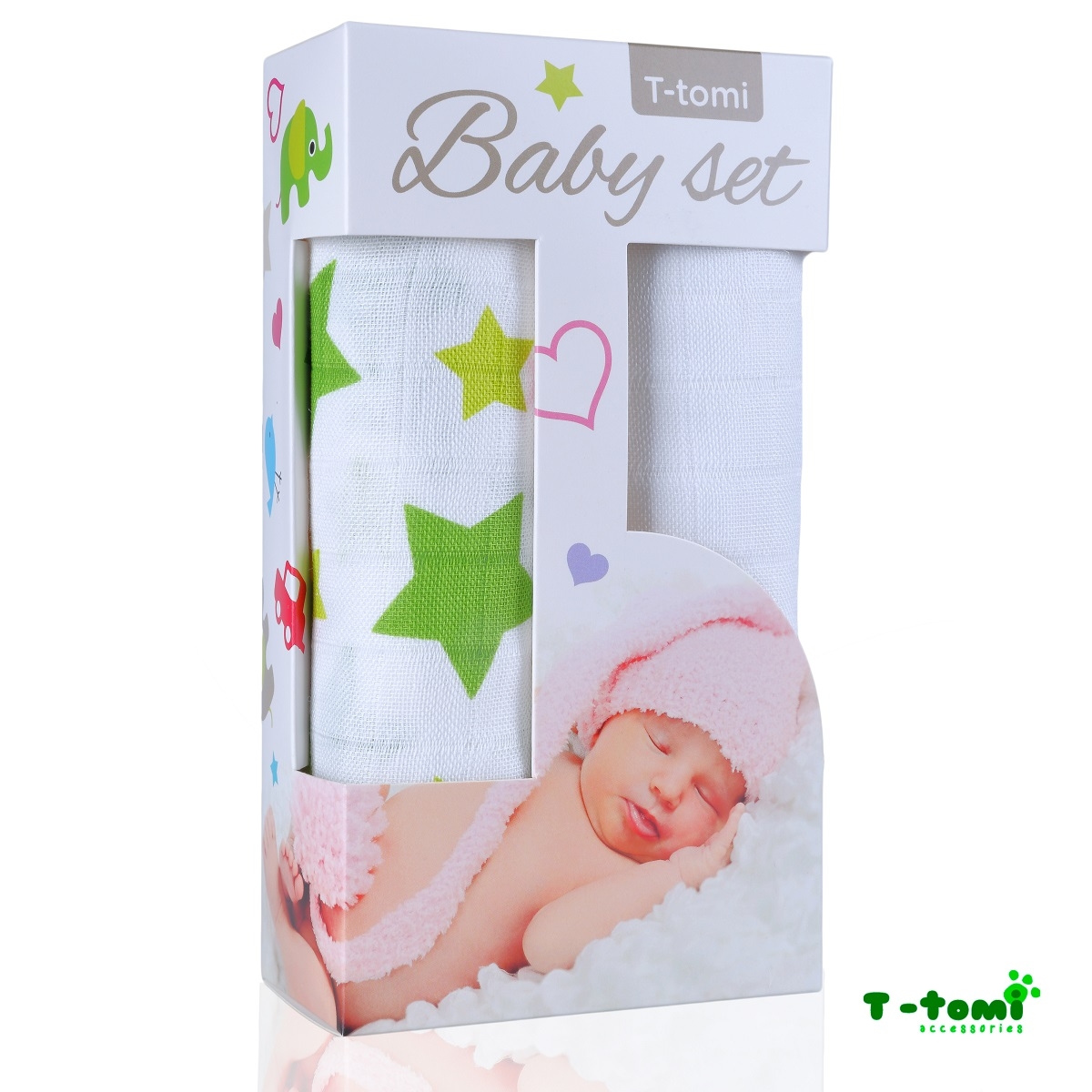 Darčekový baby set T-tomi bambusové osušky biela+zelené hviezdičky